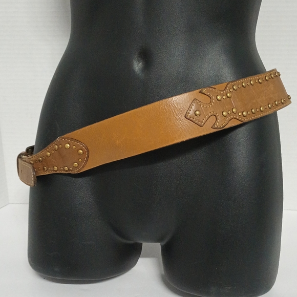 Chico's Genuine Leather Brown Gold Distressed Studded Western Belt Size Small - Picture 7 of 16